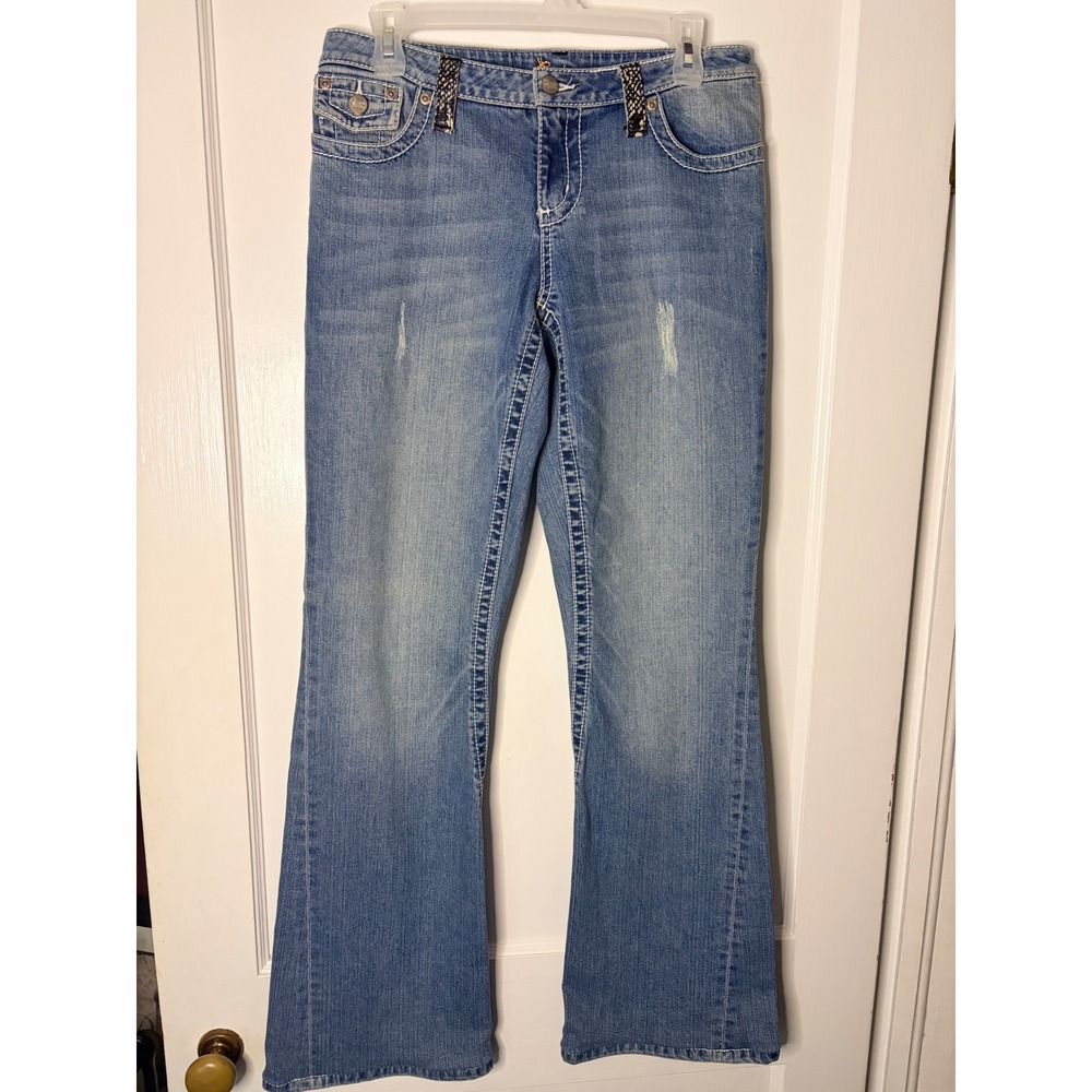 Cache Womens Bootcut Jeans Snakeskin Print Trim Contrast Stitch Medium Wash Sz 6